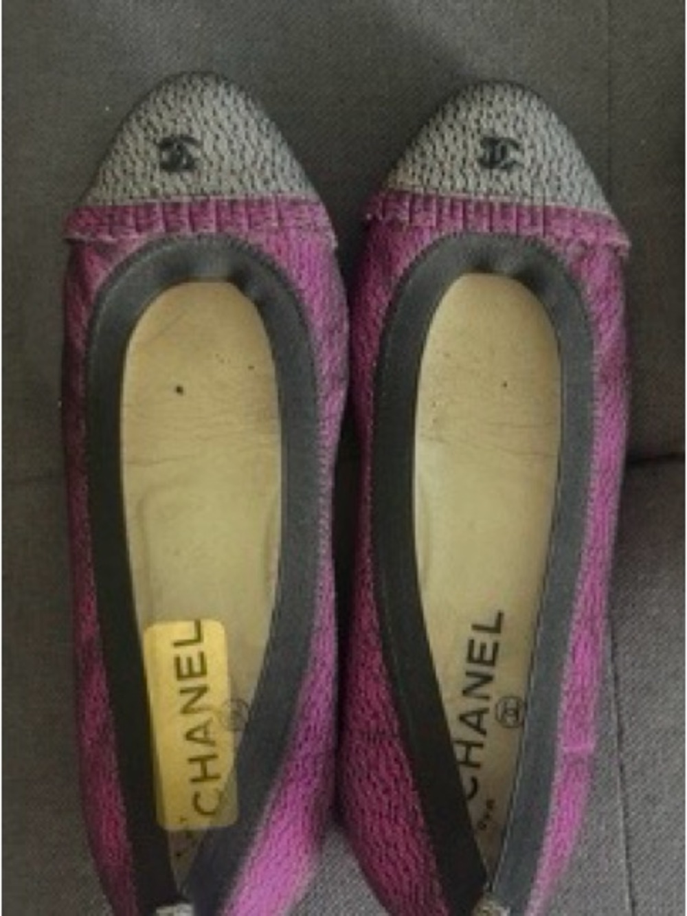 CHANEL Pink Tweed Ballet Flats with Gray Cap Toe Size 7 1/2